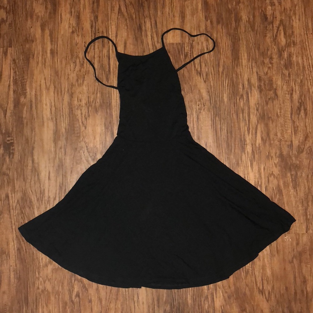 black skater dress with criss cross back